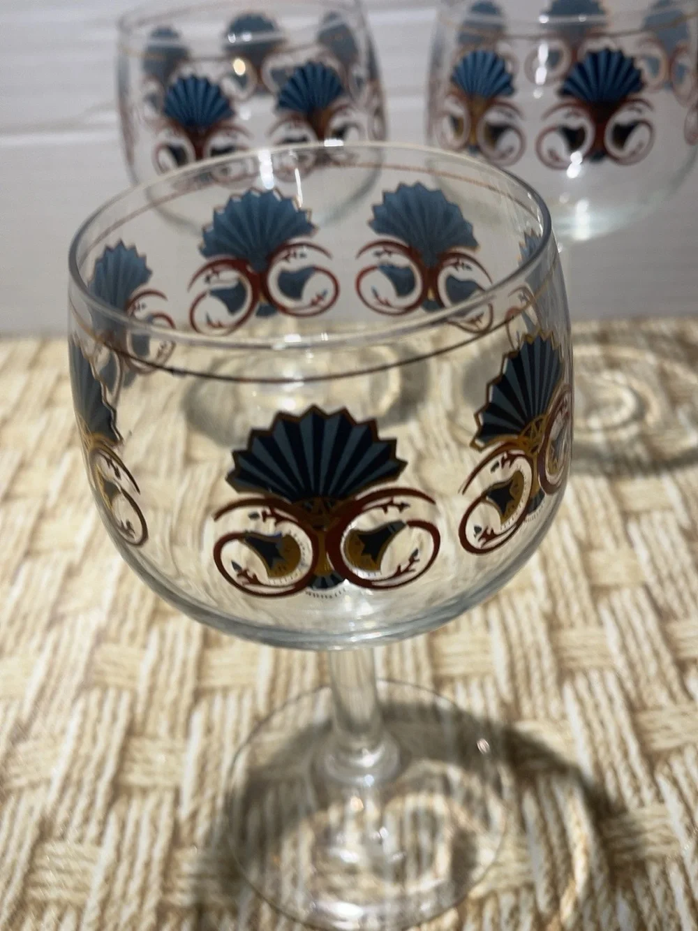 Vintage Georges Briard 22K Gold Blue Fan Wine Goblets Set of 4 MCM 6.5”